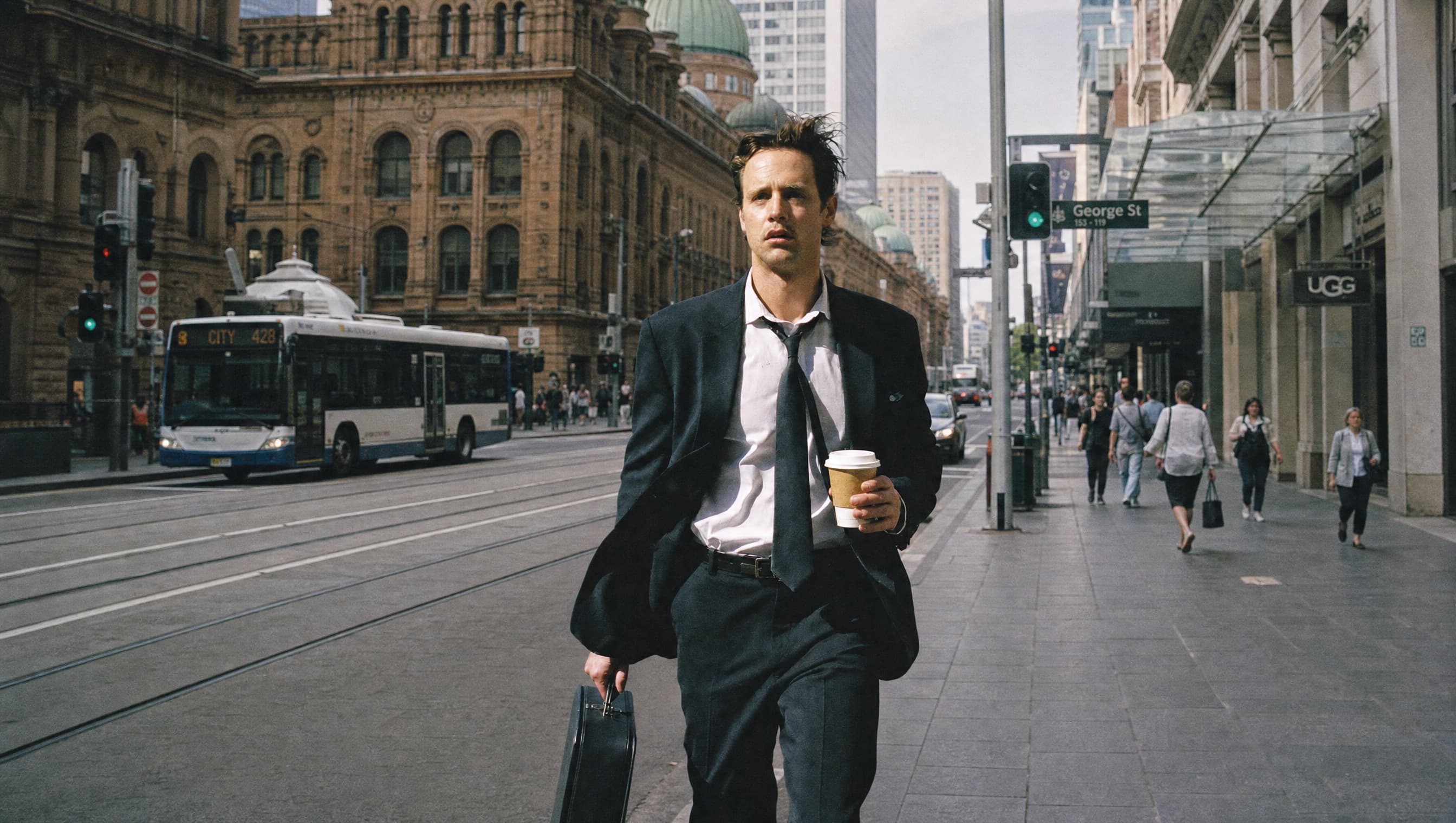 A man in a suit walking fast through the Sydney CBD with a coffee, past the QVB on George Street.